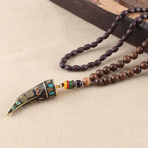Tibetan Wenge Wood Om Mani Padme Hum Protection Necklace