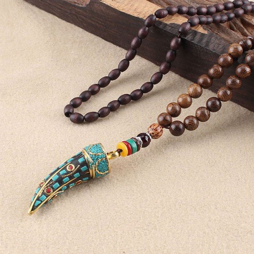 Tibetan Wenge Wood Om Mani Padme Hum Protection Necklace