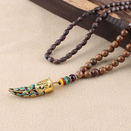 Tibetan Wenge Wood Om Mani Padme Hum Protection Necklace