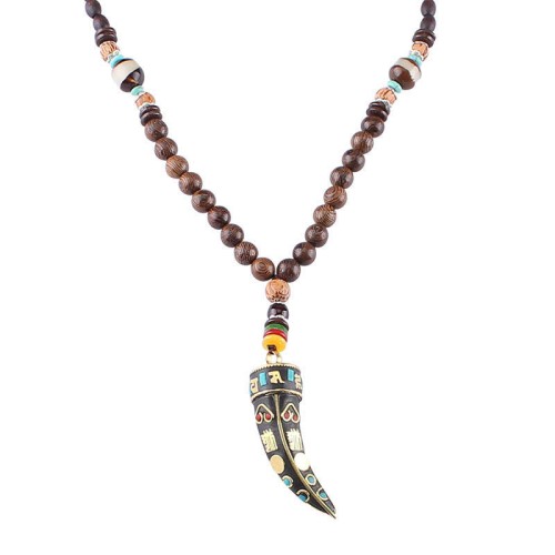 Tibetan Wenge Wood Om Mani Padme Hum Protection Necklace
