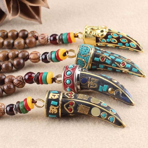 Tibetan Wenge Wood Om Mani Padme Hum Protection Necklace