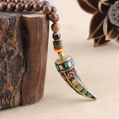 Tibetan Wenge Wood Om Mani Padme Hum Protection Necklace