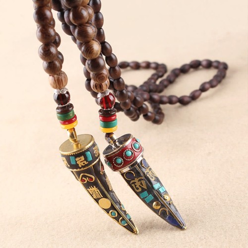 Tibetan Wenge Wood Om Mani Padme Hum Protection Necklace