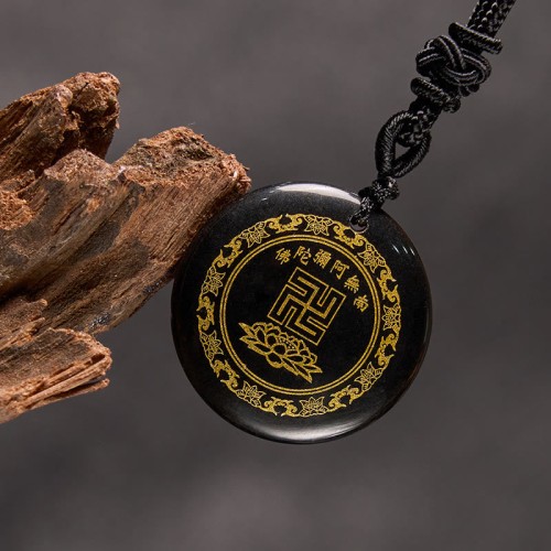 Swastika Lotus Crystal Obsidian Purification Necklace Pendant