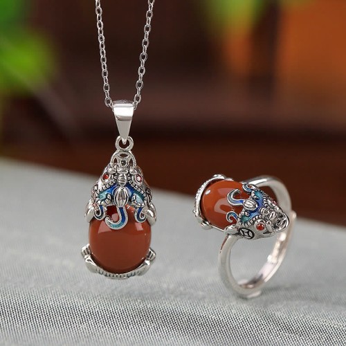925 Silver Red Agate PiXiu Protection Ring Necklace