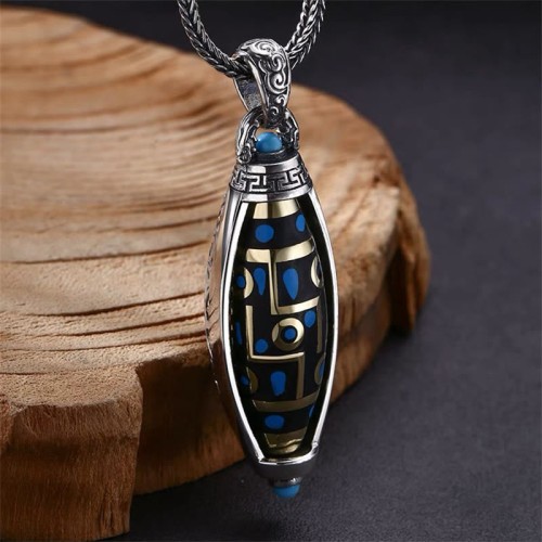 Tibetan Om Mani Padme Hum Nine-Eye Dzi Bead Necklace