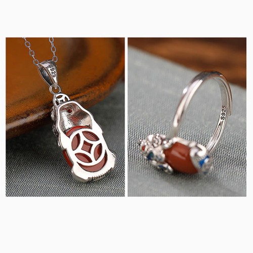 925 Silver Red Agate PiXiu Protection Ring Necklace