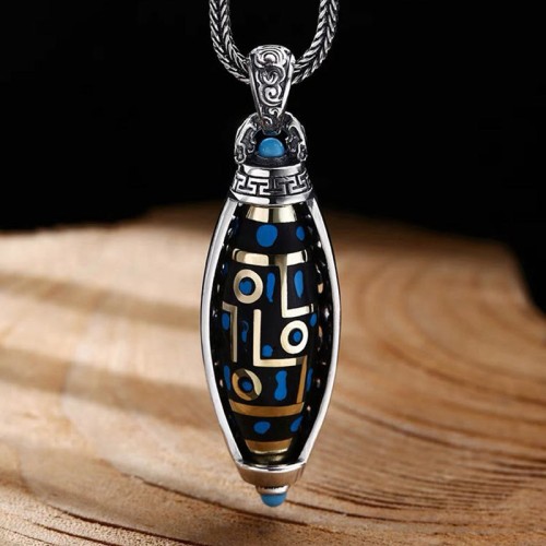 Tibetan Om Mani Padme Hum Nine-Eye Dzi Bead Necklace