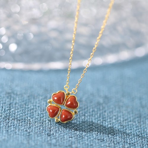 925 Silver Four Leaf Clover White Jade Necklace