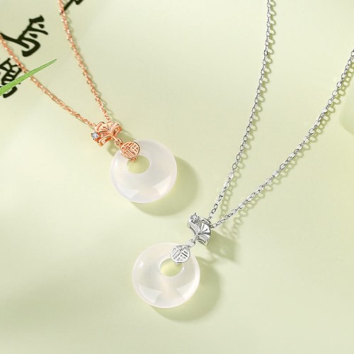 925 Silver Ginkgo Leaf Chalcedony Fu Character Necklace