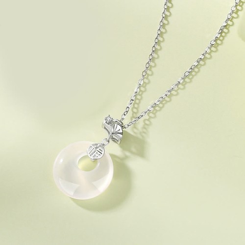 925 Silver Ginkgo Leaf Chalcedony Fu Character Necklace