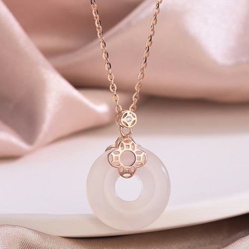 925 Silver Hetian White Jade Chalcedony Coin Necklace