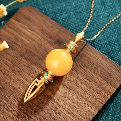 24K Gold Plated Amber Dorje Vajra Anxiety Necklace Pendant