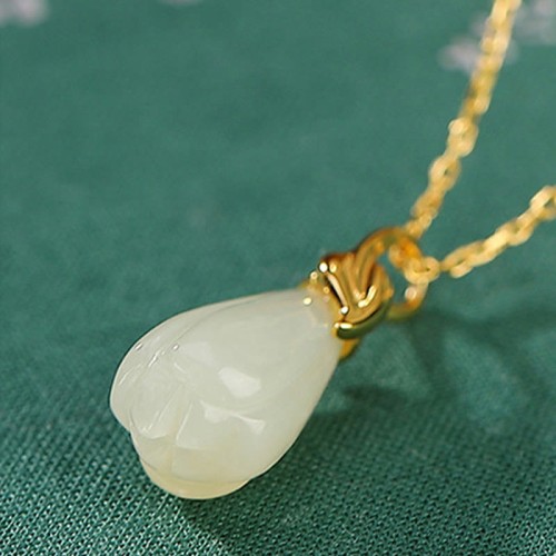 925 Silver Plated Gold Hetian Jade Magnolia Abundance Pendant 925 Silver Plated Gold Hetian Jade Magnolia Abundance Pendant
