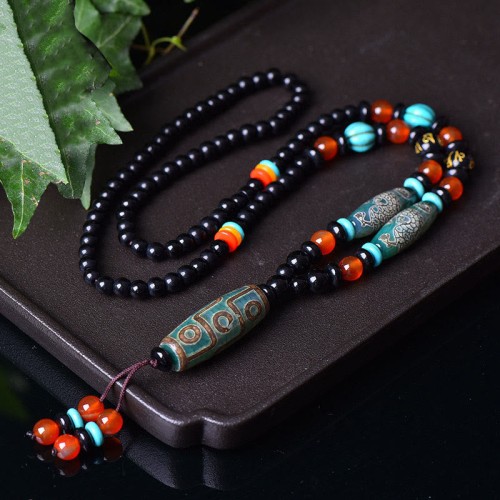 Tibetan Nine-Eye Dzi Bead Dragon Necklace Pendant