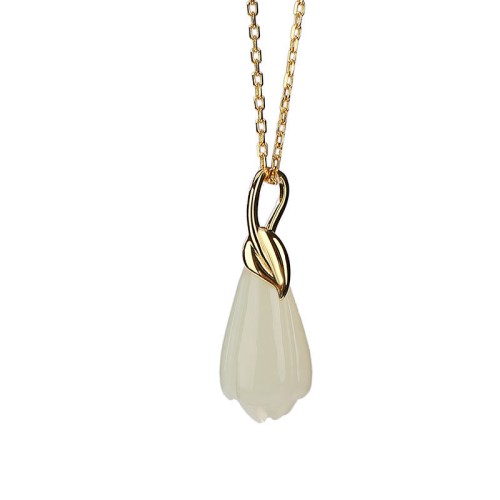 925 Silver Plated Gold Hetian Jade Magnolia Abundance Pendant 925 Silver Plated Gold Hetian Jade Magnolia Abundance Pendant
