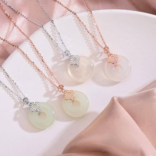 925 Silver Hetian White Jade Chalcedony Coin Necklace