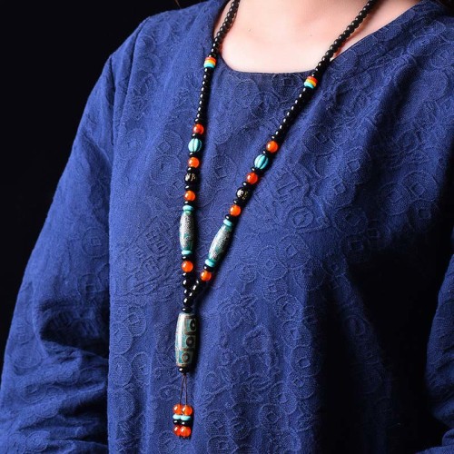 Tibetan Nine-Eye Dzi Bead Dragon Necklace Pendant