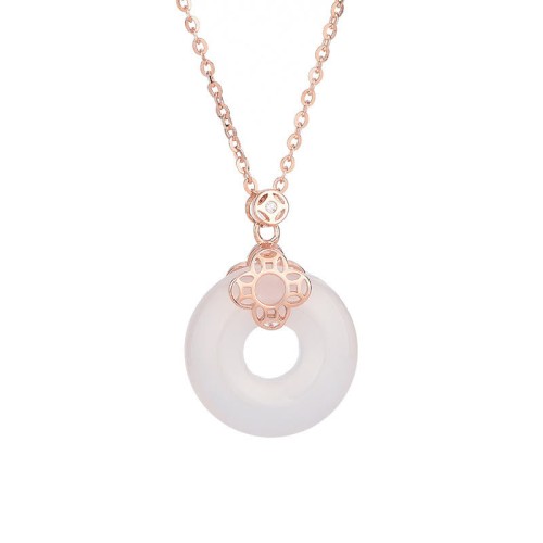 925 Silver Hetian White Jade Chalcedony Coin Necklace