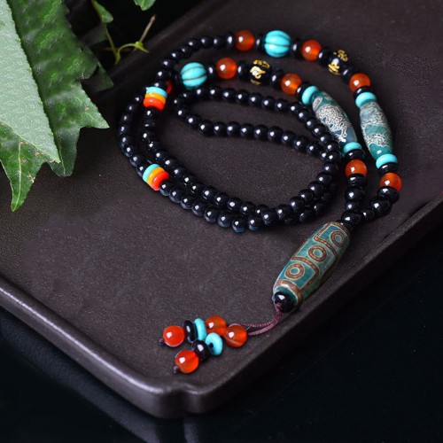 Tibetan Nine-Eye Dzi Bead Dragon Necklace Pendant