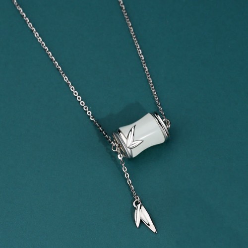 925 Silver Hetian White Jade Bamboo Leaf Necklace
