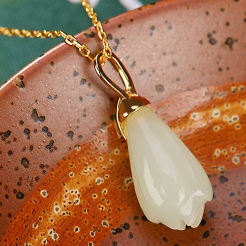 925 Silver Plated Gold Hetian Jade Magnolia Abundance Pendant 925 Silver Plated Gold Hetian Jade Magnolia Abundance Pendant