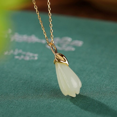 925 Silver Plated Gold Hetian Jade Magnolia Abundance Pendant 925 Silver Plated Gold Hetian Jade Magnolia Abundance Pendant