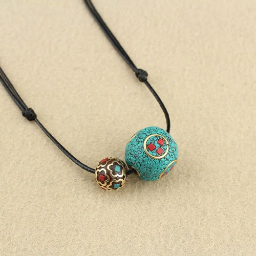 Tibetan Turquoise Double Bead Protection Necklace Tibetan Turquoise Double Bead Protection Necklace
