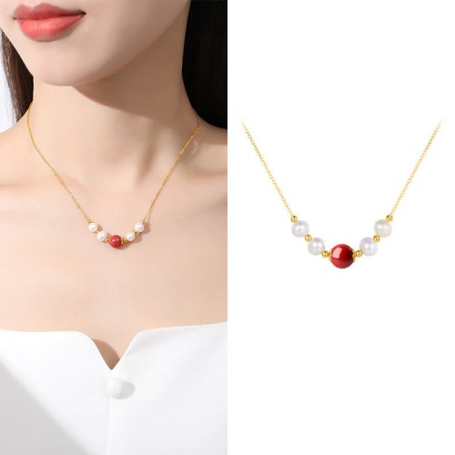 925 Silver Pearl Cinnabar Healing Bead Chain Necklace 925 Silver Pearl Cinnabar Healing Bead Chain Necklace