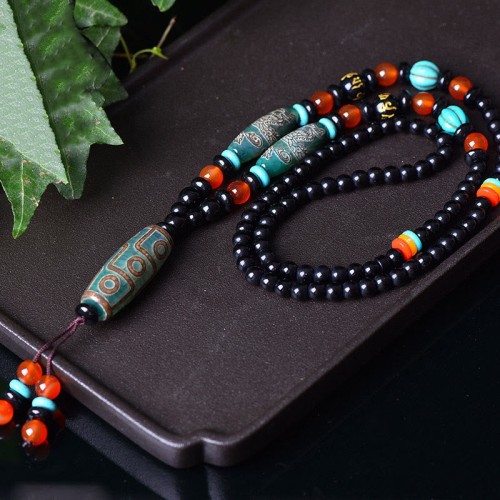 Tibetan Nine-Eye Dzi Bead Dragon Necklace Pendant