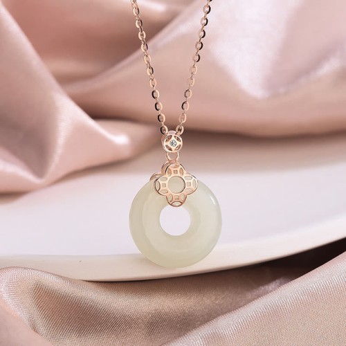 925 Silver Hetian White Jade Chalcedony Coin Necklace