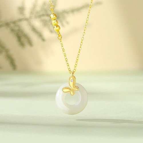 925 Silver Ginkgo Leaf Chalcedony Fu Character Necklace