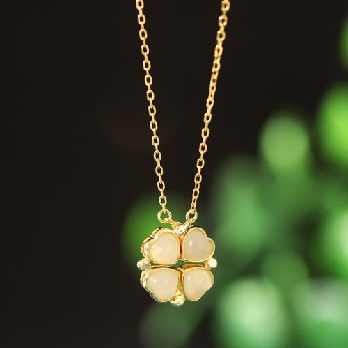 925 Silver Four Leaf Clover White Jade Necklace