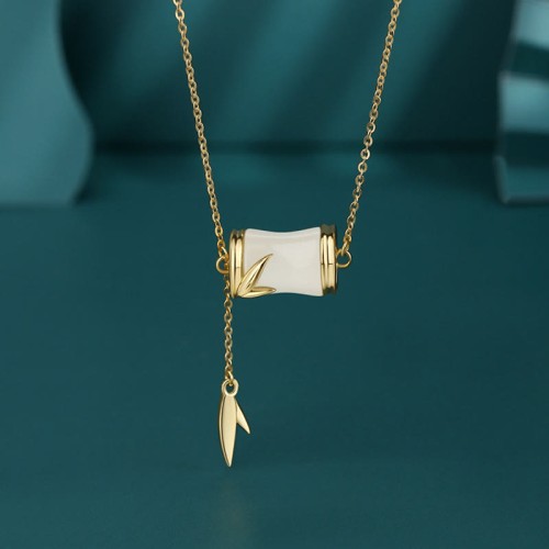 925 Silver Hetian White Jade Bamboo Leaf Necklace