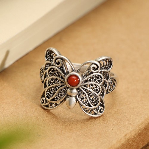 925 Sterling Silver Red Agate Butterfly Set
