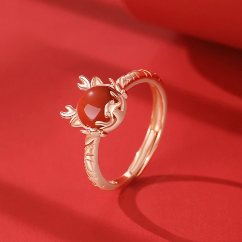 Flash Sale-925 Silver Year of the Dragon Cinnabar Red Agate Ring Set