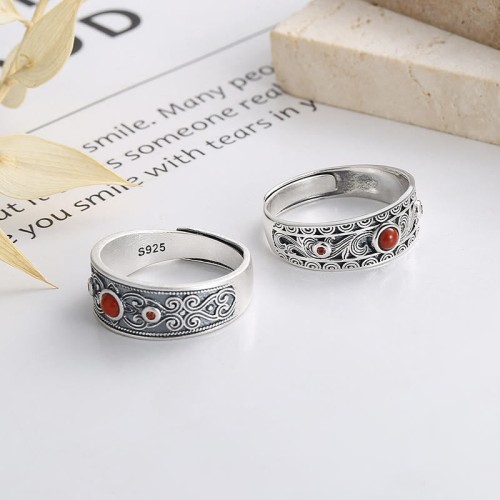 925 Sterling Silver Red Agate Logical Thinking Ring