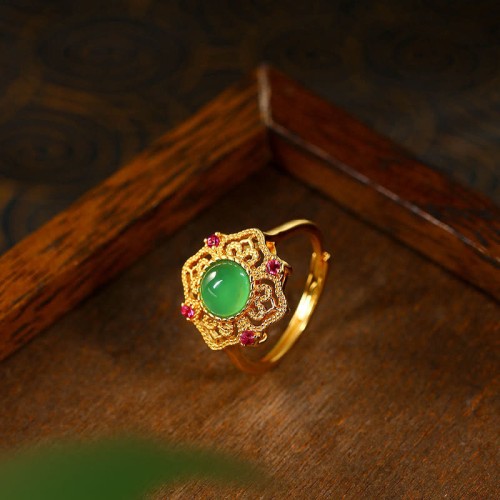 Green Chalcedony Hollow Strength Adjustable Ring