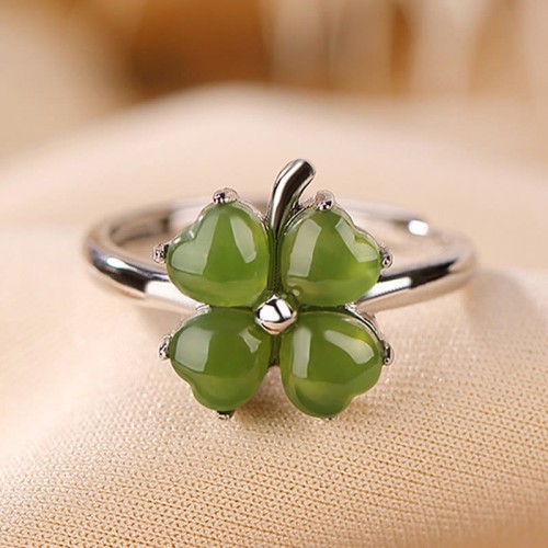 925 Silver Plated Gold Clover Hetian Jade Ring