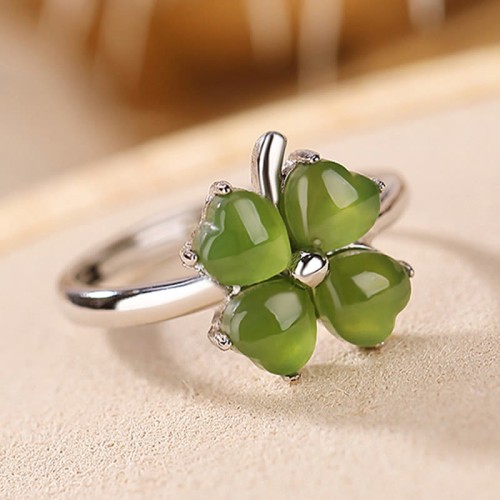 925 Silver Plated Gold Clover Hetian Jade Ring