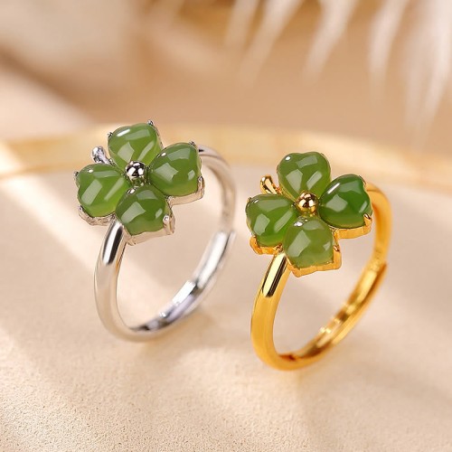925 Silver Plated Gold Clover Hetian Jade Ring