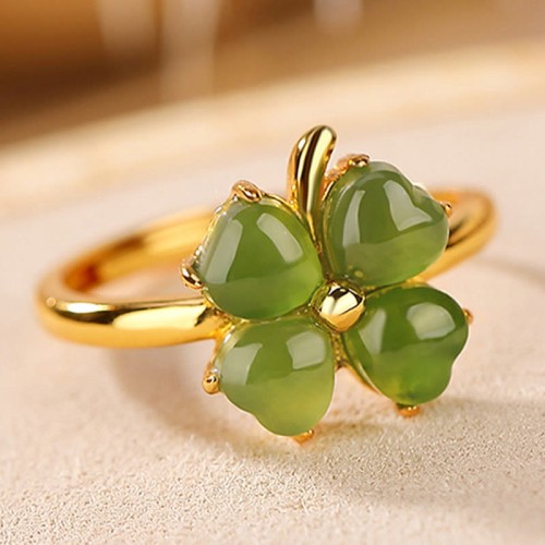 925 Silver Plated Gold Clover Hetian Jade Ring
