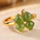 925 Silver Plated Gold Clover Hetian Jade Ring