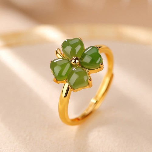 925 Silver Plated Gold Clover Hetian Jade Ring