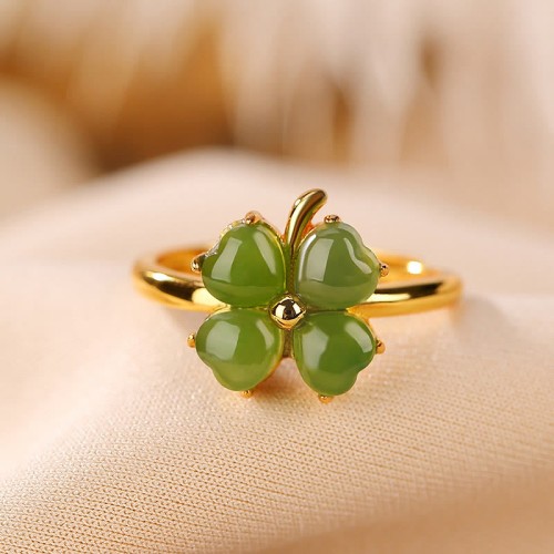 925 Silver Plated Gold Clover Hetian Jade Ring