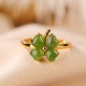 925 Silver Plated Gold Clover Hetian Jade Ring