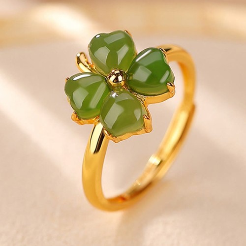 925 Silver Plated Gold Clover Hetian Jade Ring