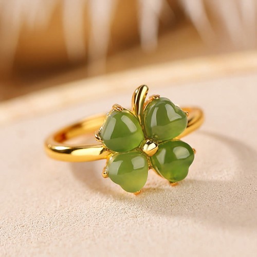 925 Silver Plated Gold Clover Hetian Jade Ring