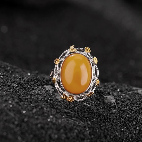 990 Sterling Silver Gold Plated Amber Ring