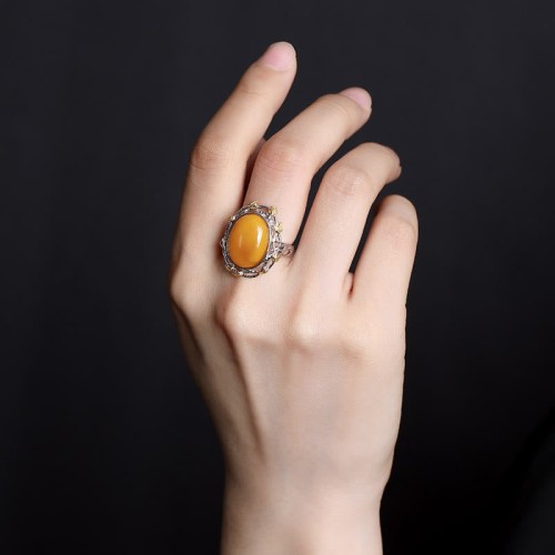 990 Sterling Silver Gold Plated Amber Ring